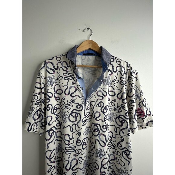 Greyson Polo Shirt Mens L White Navy Purple Snake Print Golf Performance Stretch - Picture 2 of 9